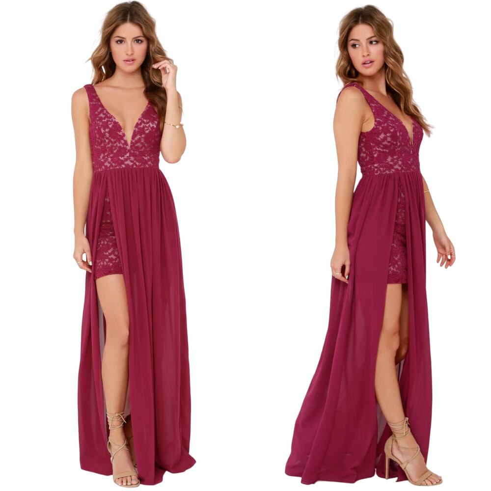 Lulu’s Make Way for Wonderful Berry Red Lace Maxi Dress Full Front Split Slit M - Picture 15 of 16